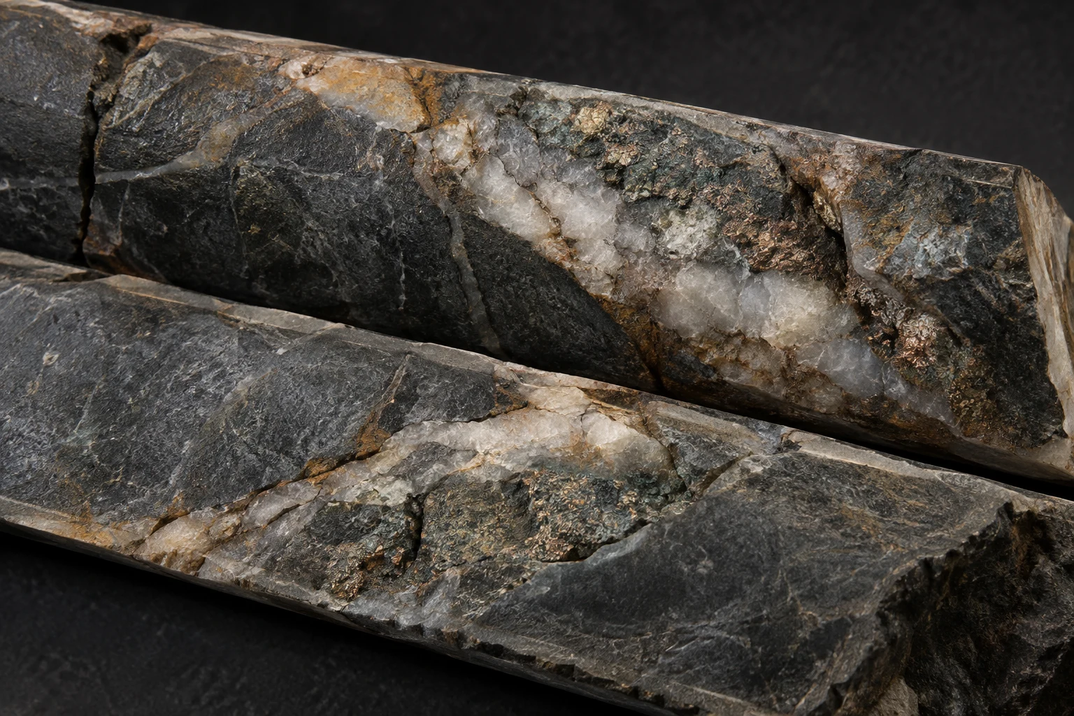 Mineral veins within split drill core