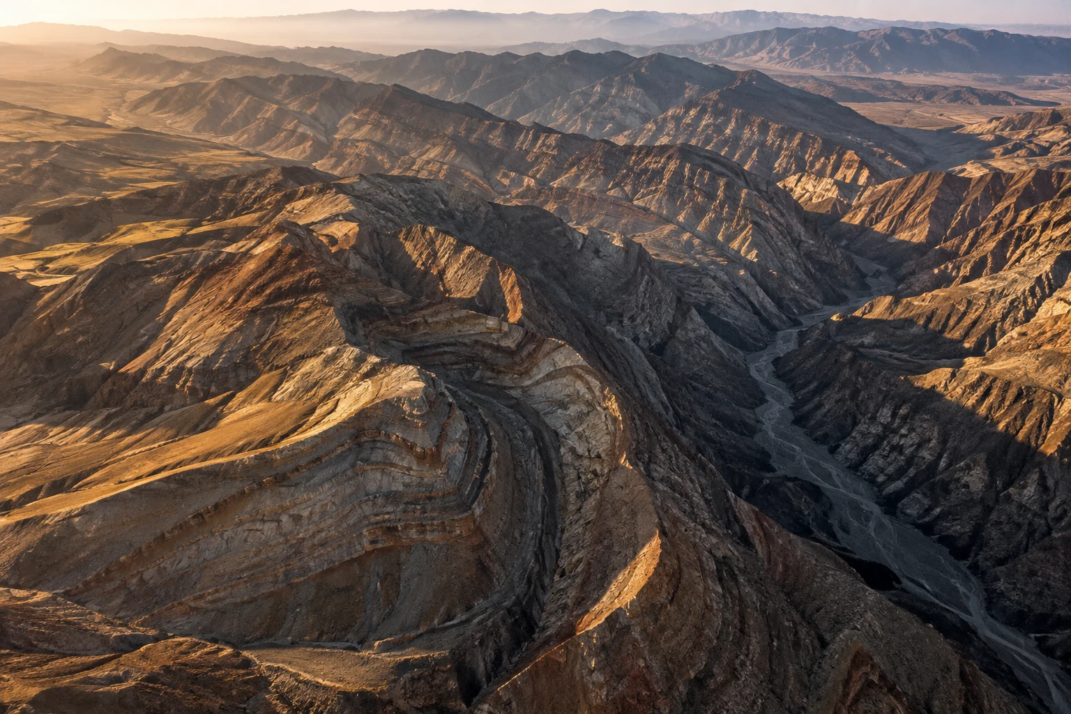 Sunlight revealing the folds of a vast geological landscape